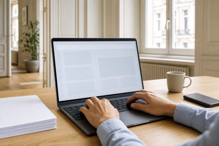 Laptop mit Formular und Belegen – Umsatzsteuer-Voranmeldung