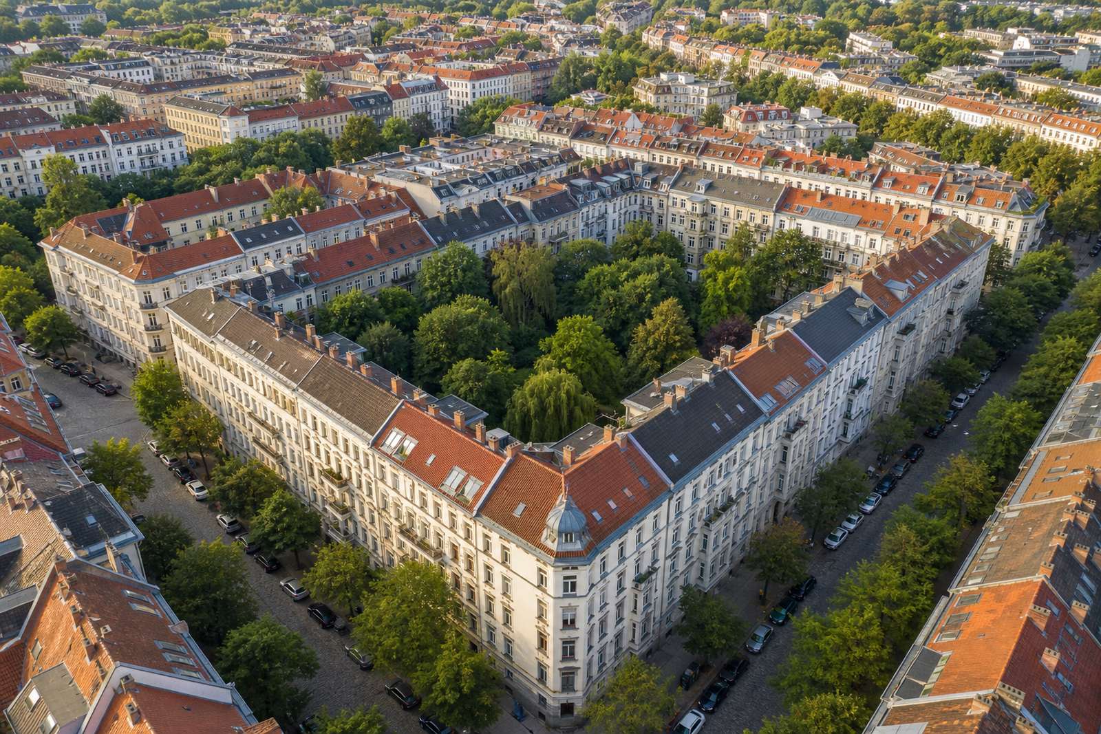 Luftaufnahme eines Berliner Wohnblocks mit Innenhof