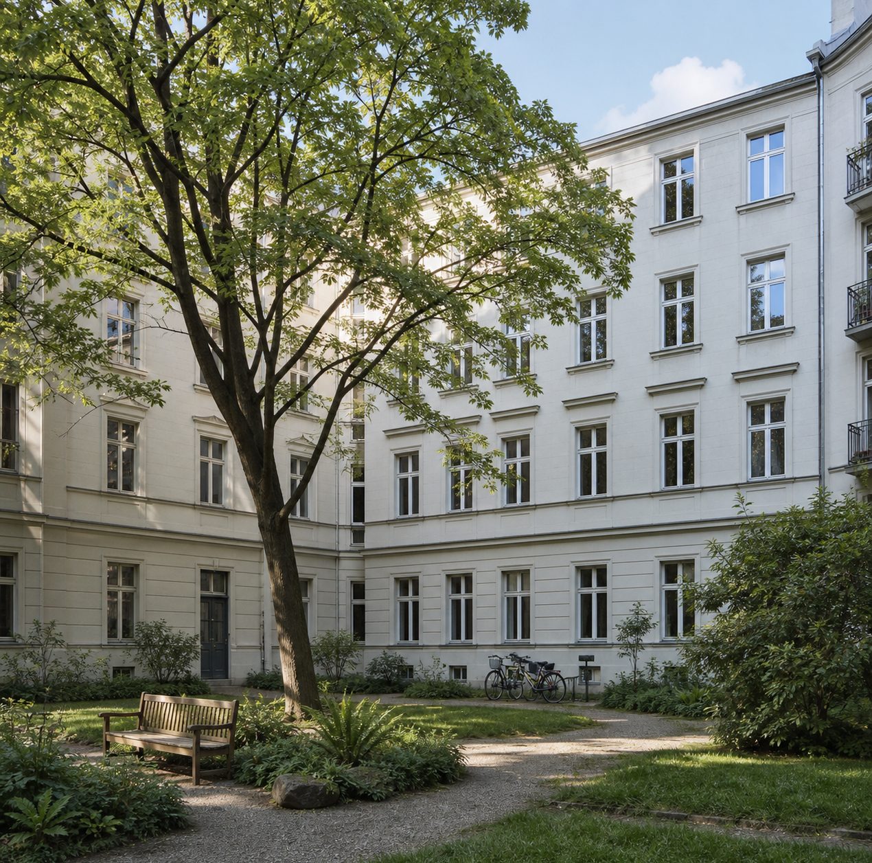 Sonniger, gepflegter Innenhof eines Berliner Gründerzeit-Wohnblocks