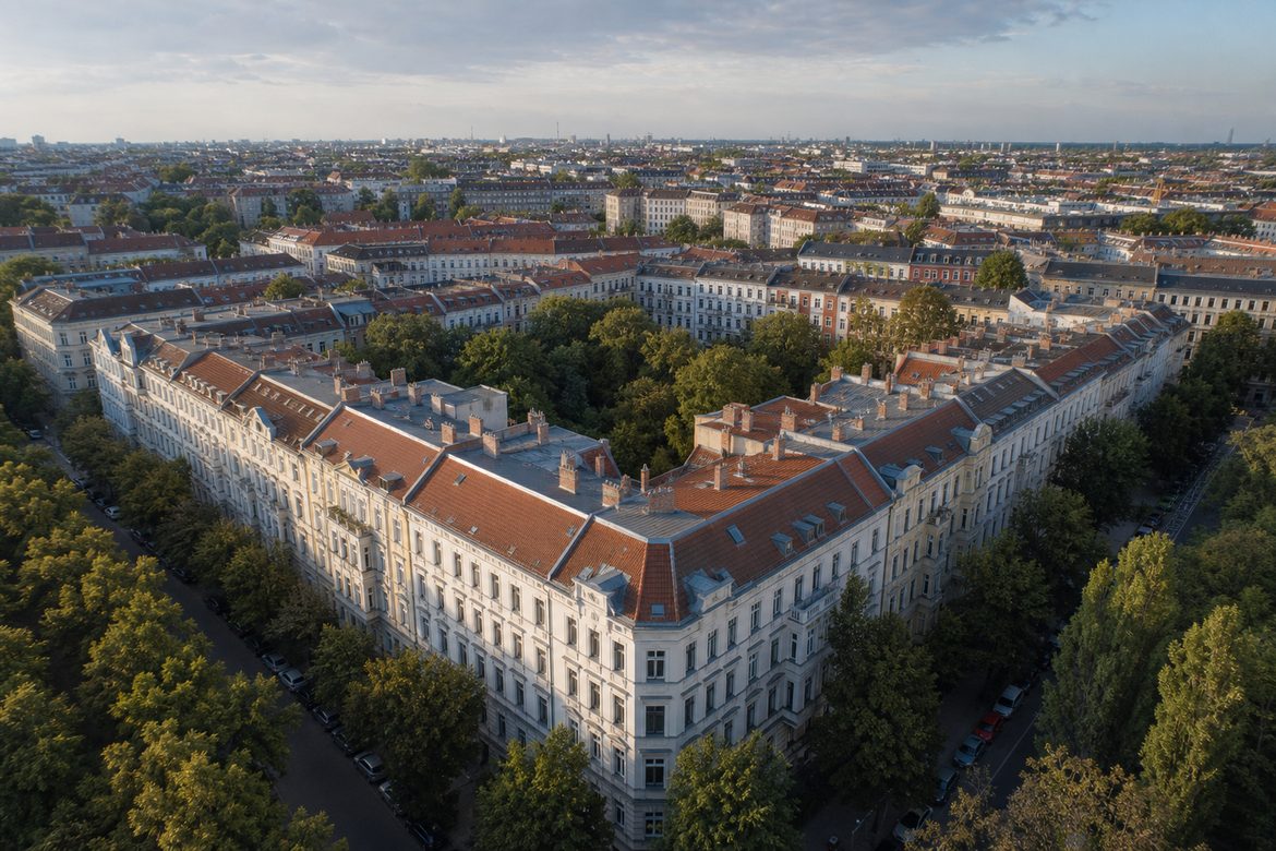 Kameradrohne über einem Berliner Wohnblock – Luftaufnahmen