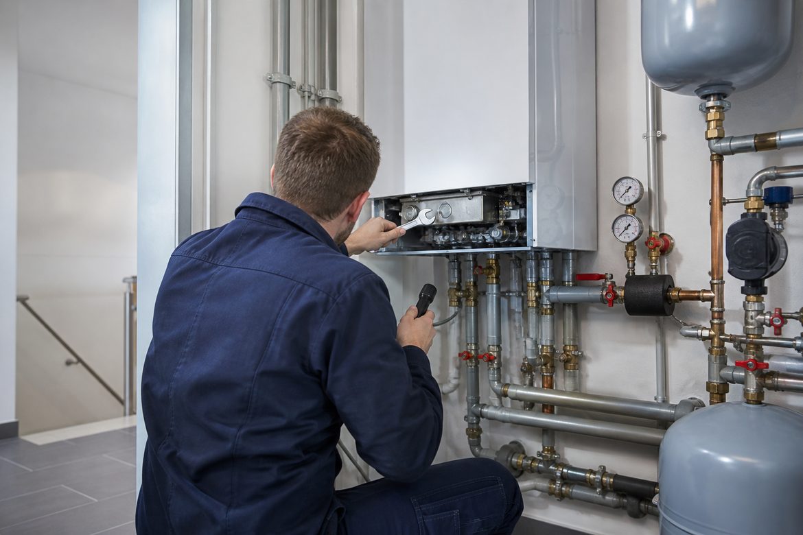 Handwerker bei der Wartung einer Heizungsanlage – technische Betreuung